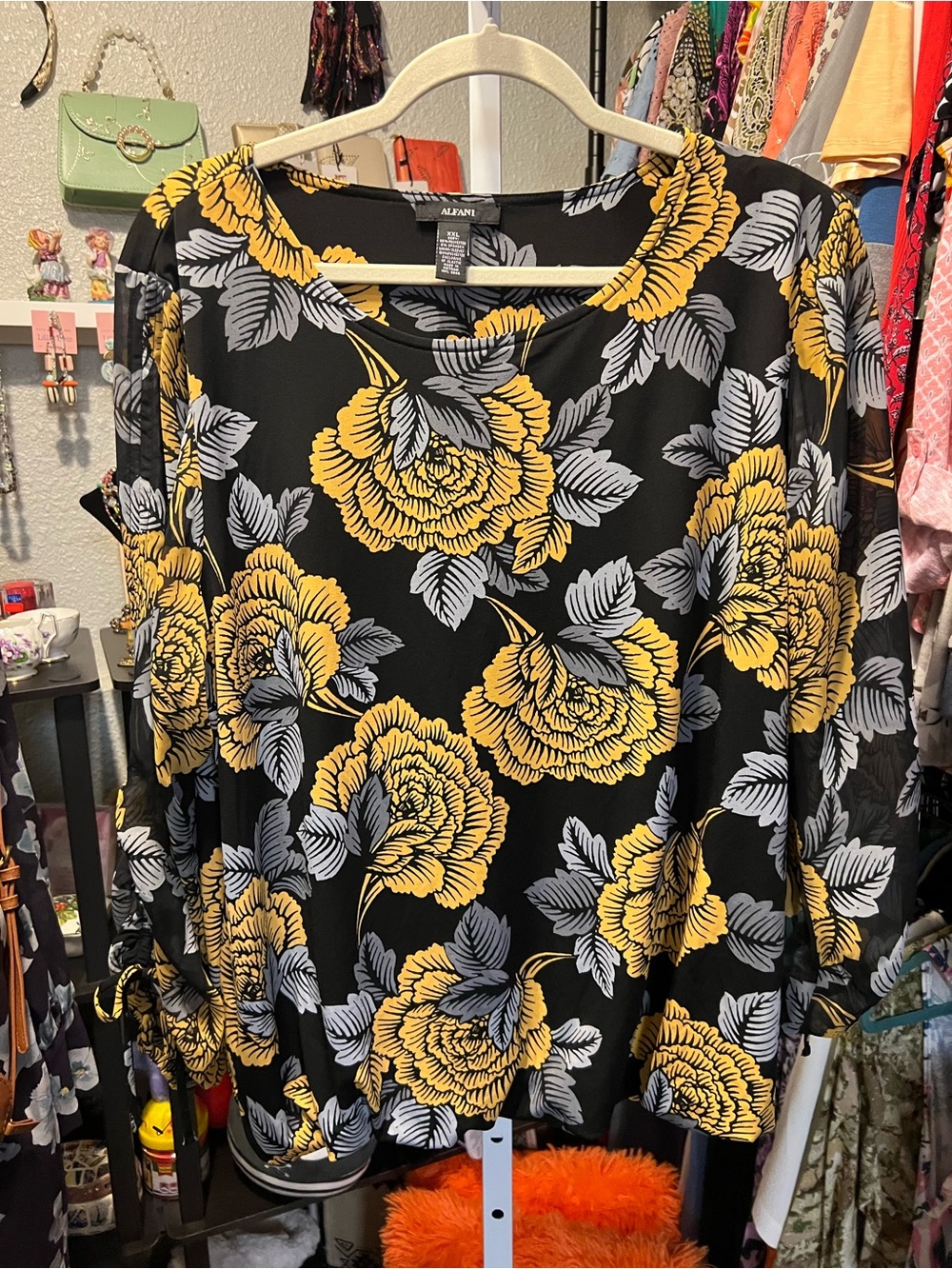 Alfani Black Blouse with Yellow and Gray Floral Print
